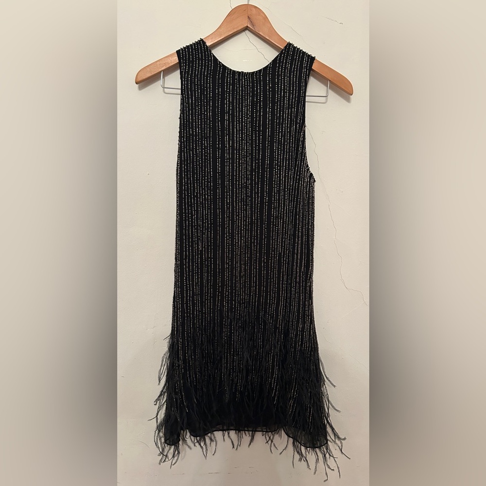 Parker short silver beaded black flapper dress with feathers